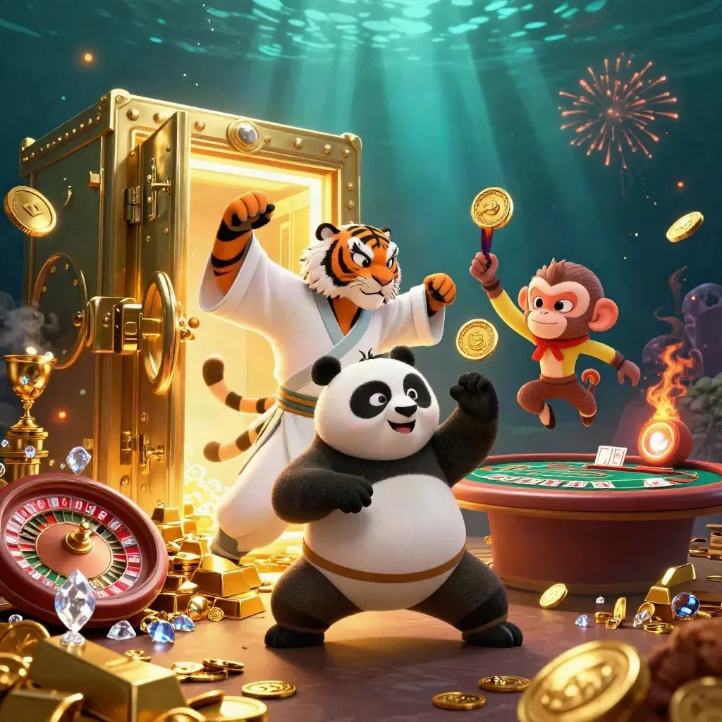 Tigre maestro, panda e scimmia tra forziere, monete d'oro e luci da casinò premium.