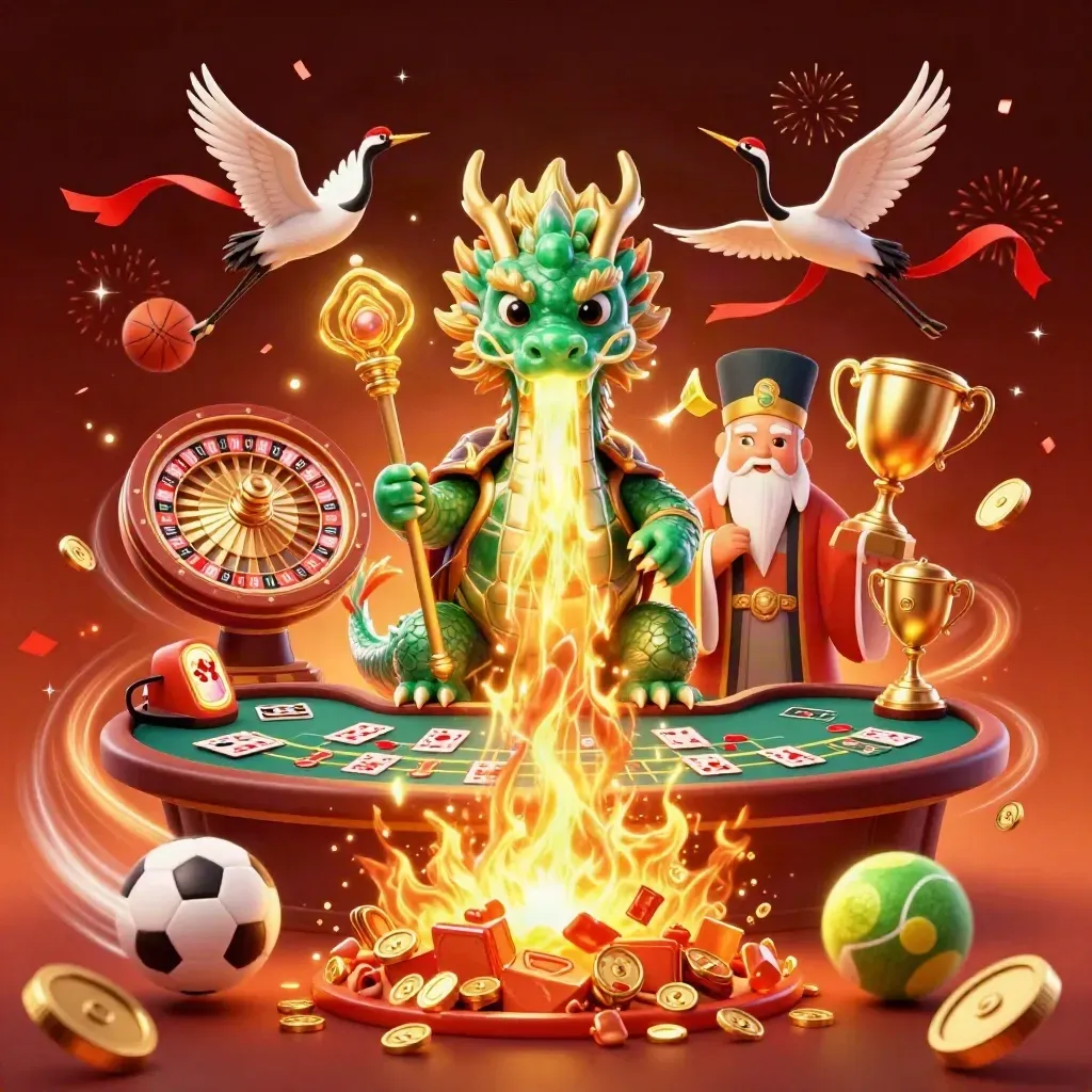 Drago di giada, tartaruga saggia e gru tra monete d'oro, roulette e carte in scena casinò premium