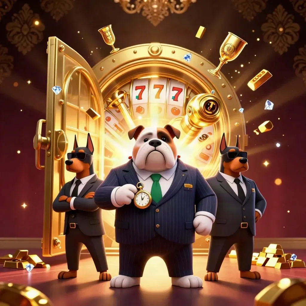 Bulldog boss e due dobermann davanti a una cassaforte d’oro, tra fiches e luci da casinò.