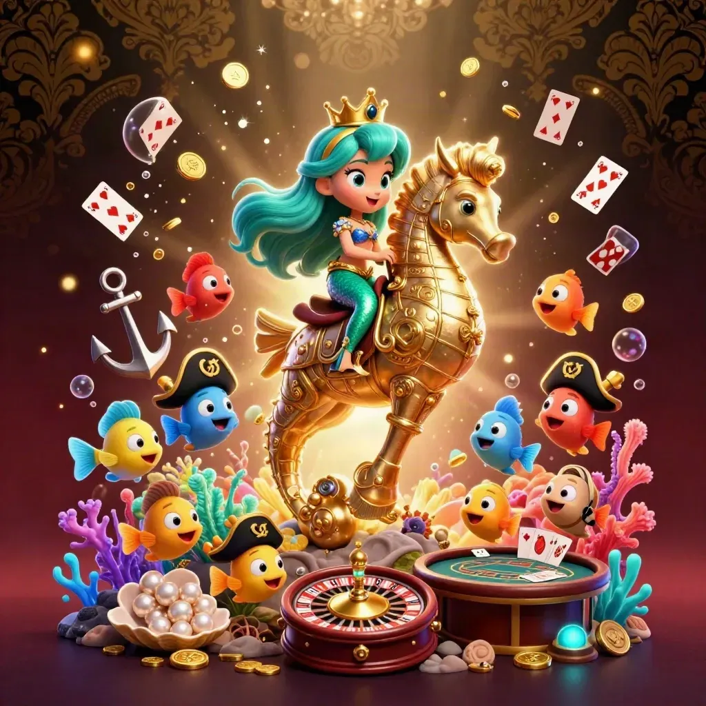Sirena con corona su cavalluccio marino d’oro, pesci pirata e tesori luccicanti