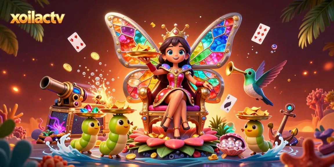 Immerse in the exciting world of xoilactv with vibrant casino elements and a colorful butterfly queen.