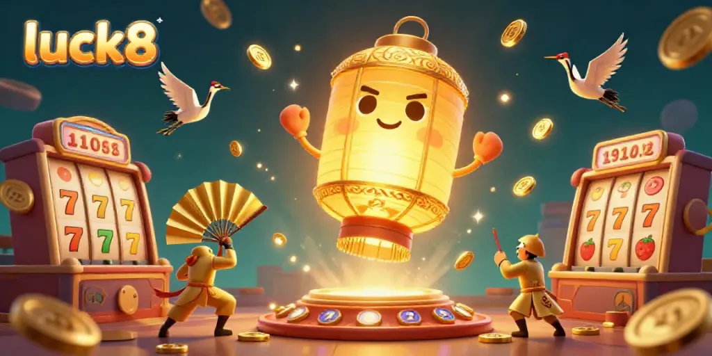 Engage in thrilling 3D casino adventures with luck8's dynamic slot reels and golden lantern spirit, showcasing vibrant game elements.