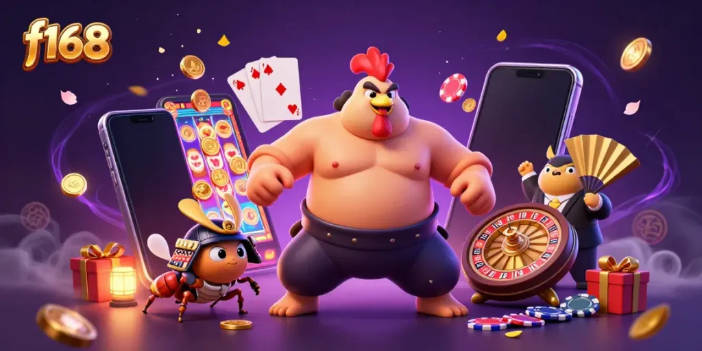 Play colorful slot games at f168 with immersive 3D characters and casino elements.