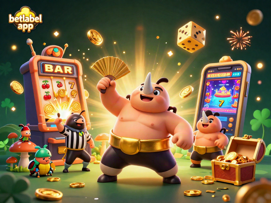 Experience the excitement of the betlabel app with a dynamic scene featuring playful beetles and casino elements.
