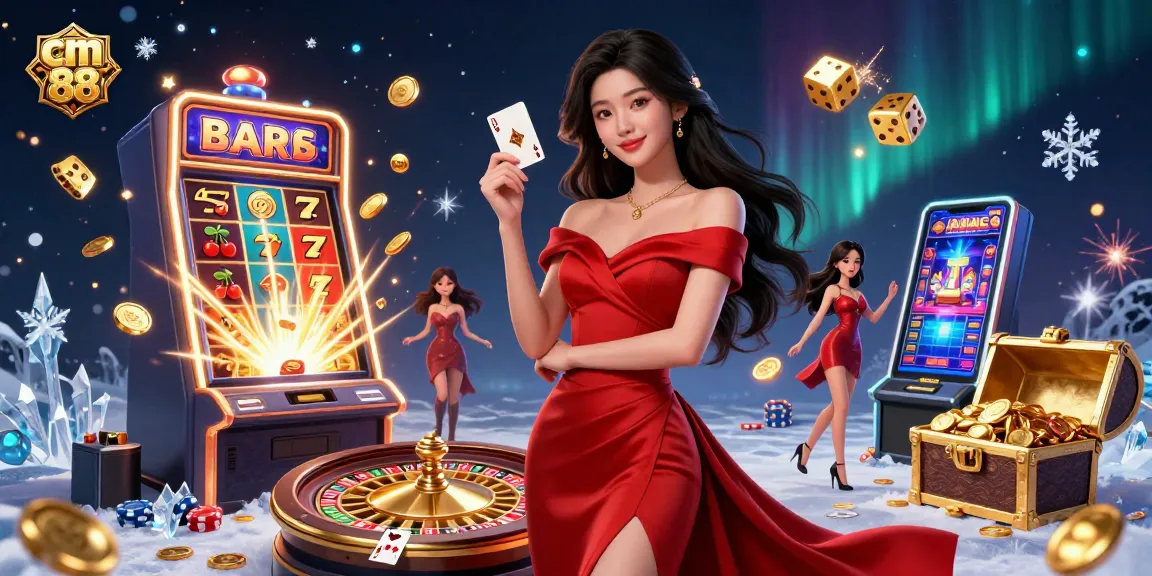 Experience thrilling games at cm 88, where a beautiful woman poses with cards in front of a dynamic casino scene.
