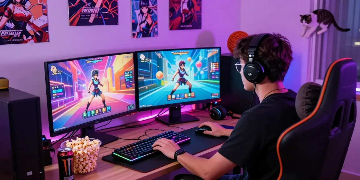 Immersive gaming setup with player engaging in free hentai games, colorful graphics, and dynamic atmosphere.