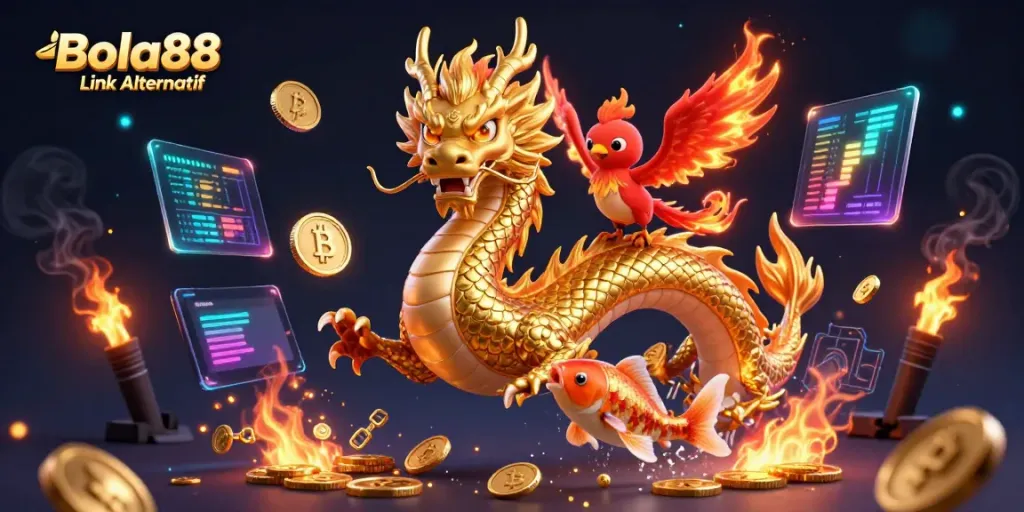 Activate your fortune with Bola88 Link Alternatif, showcasing a golden dragon among crypto coins.