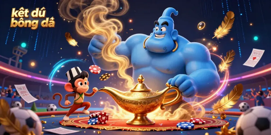 Experience kết quả bóng đá live with a dynamic sports scene featuring a genie, monkey, and poker chips.