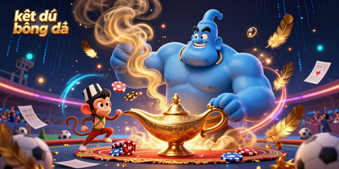 Experience kết quả bóng đá live with a dynamic sports scene featuring a genie, monkey, and poker chips.
