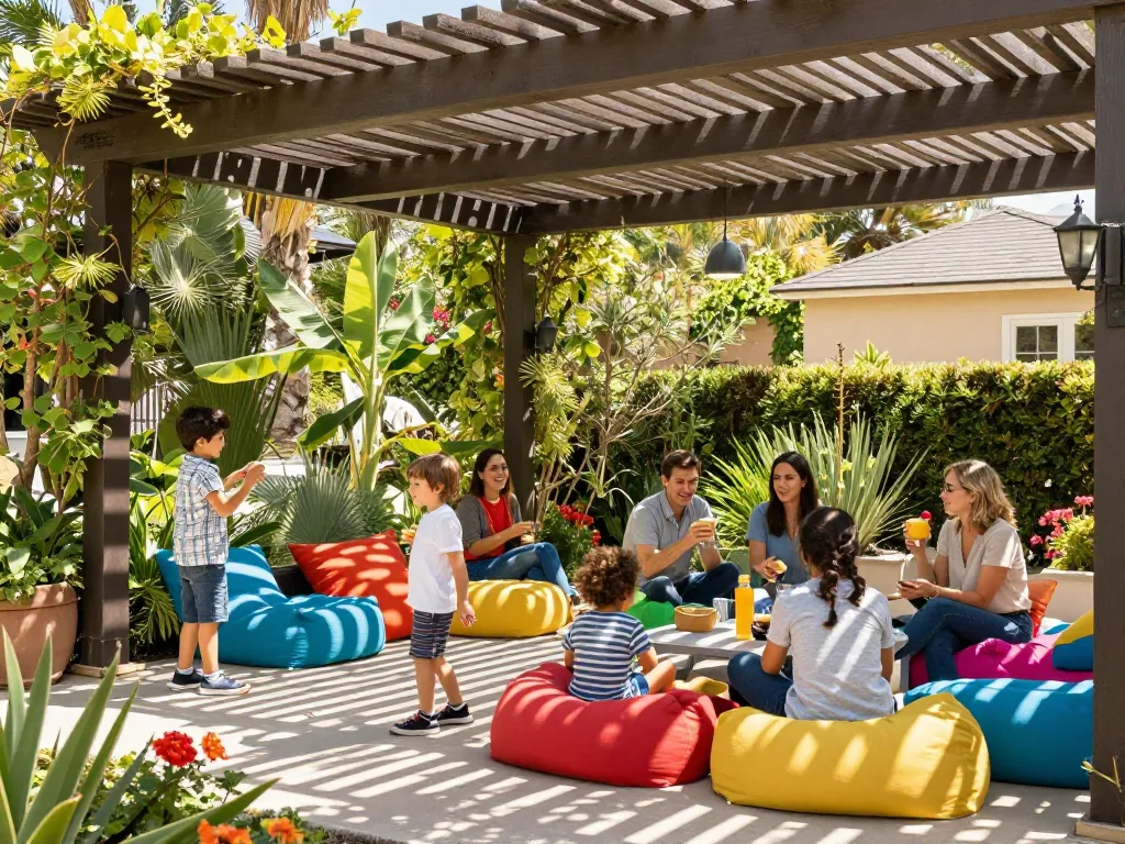 Famiglia che si gode del tempo sotto una pergola progettata con configuratore pergole online in un giardino vibrante.