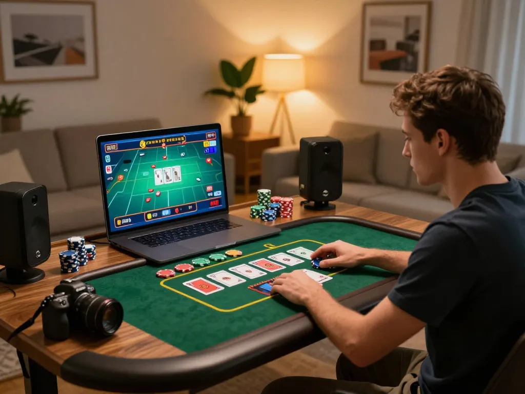 SX88 player engaging in live dealer game from home, showing immersive online gambling experience.
