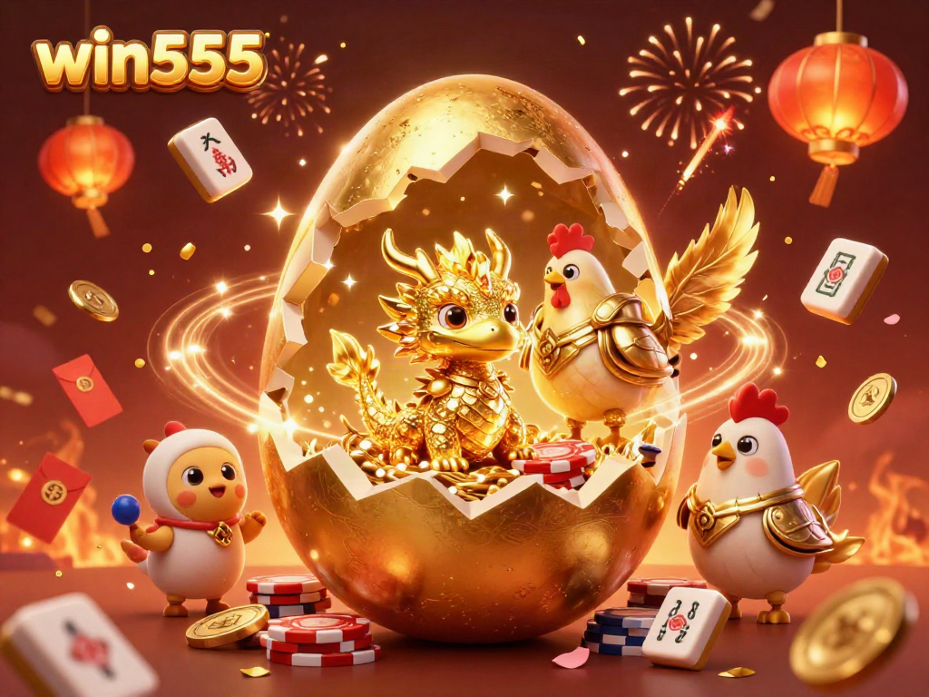 Experience the excitement of win555 with a golden dragon emerging from poker chips amidst joyful casino elements.
