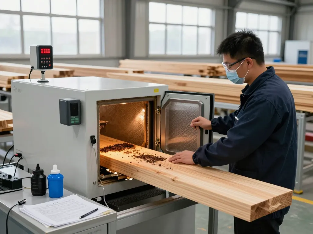 Processo di trattamento microonde antitarlo efficiente in un impianto di trattamento del legno che evidenzia un tecnico che utilizza tecnologia avanzata.