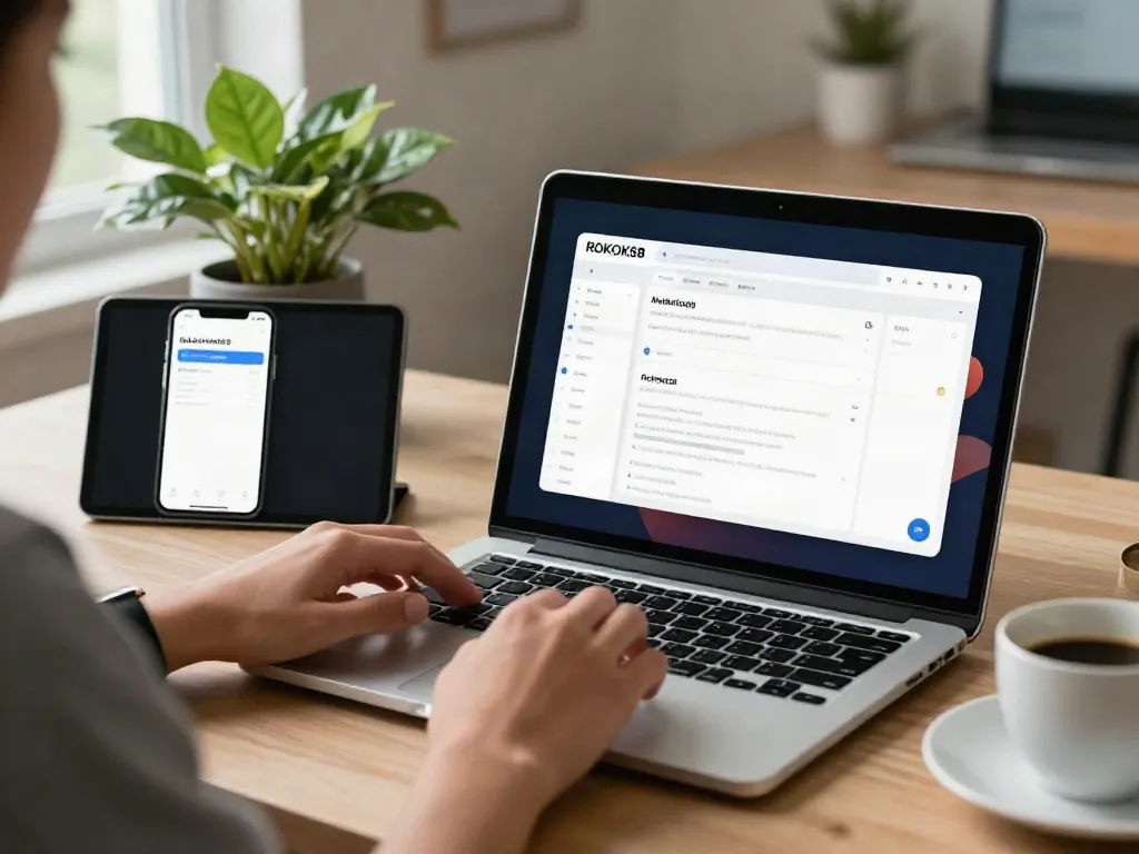 ROKOK88 app interface displayed on smartphone and laptop in a cozy workspace.