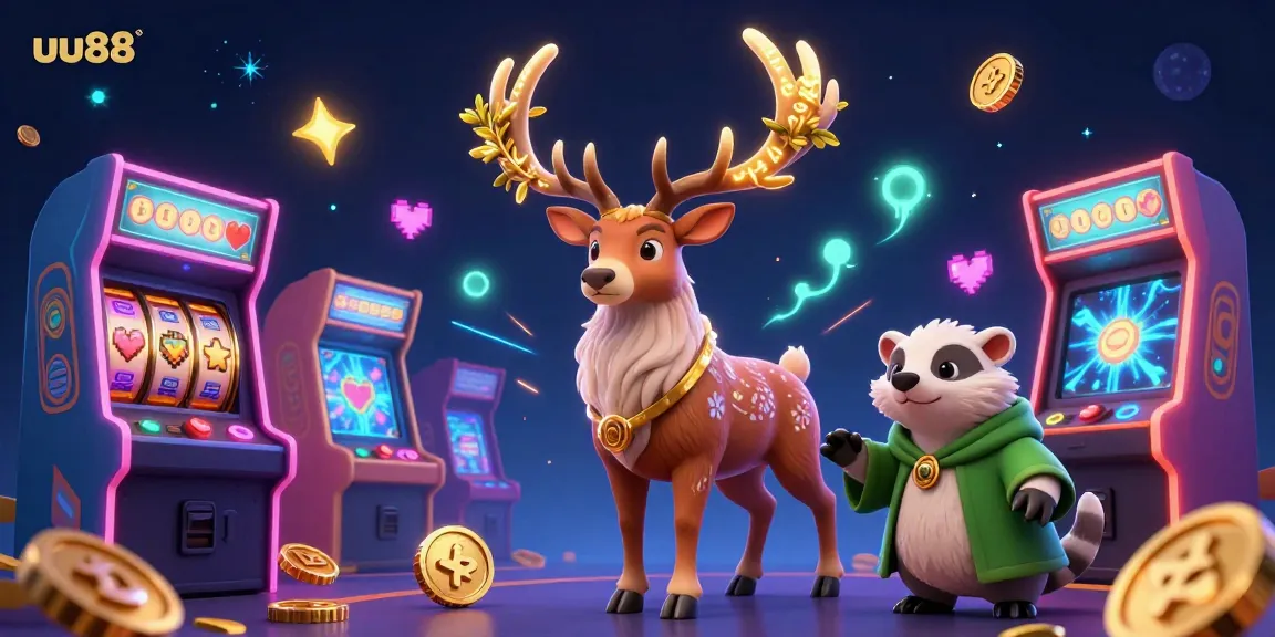 Experience thrilling gaming at uu88 with vibrant scenes of slot machines and characters in action.