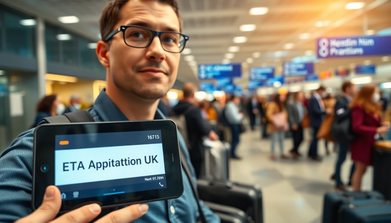 Complete your eta application uk with ease at an airport terminal, showcasing efficient travel.