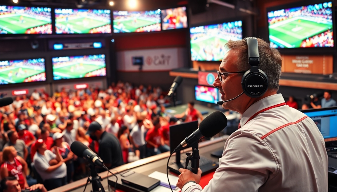 Analyze and discuss Sports Broadcasting in a vibrant studio setting with dynamic graphics.