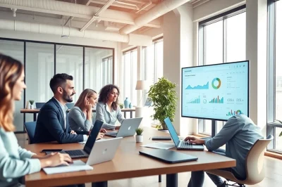 SaaS application dashboard display showcasing business teamwork in a modern office