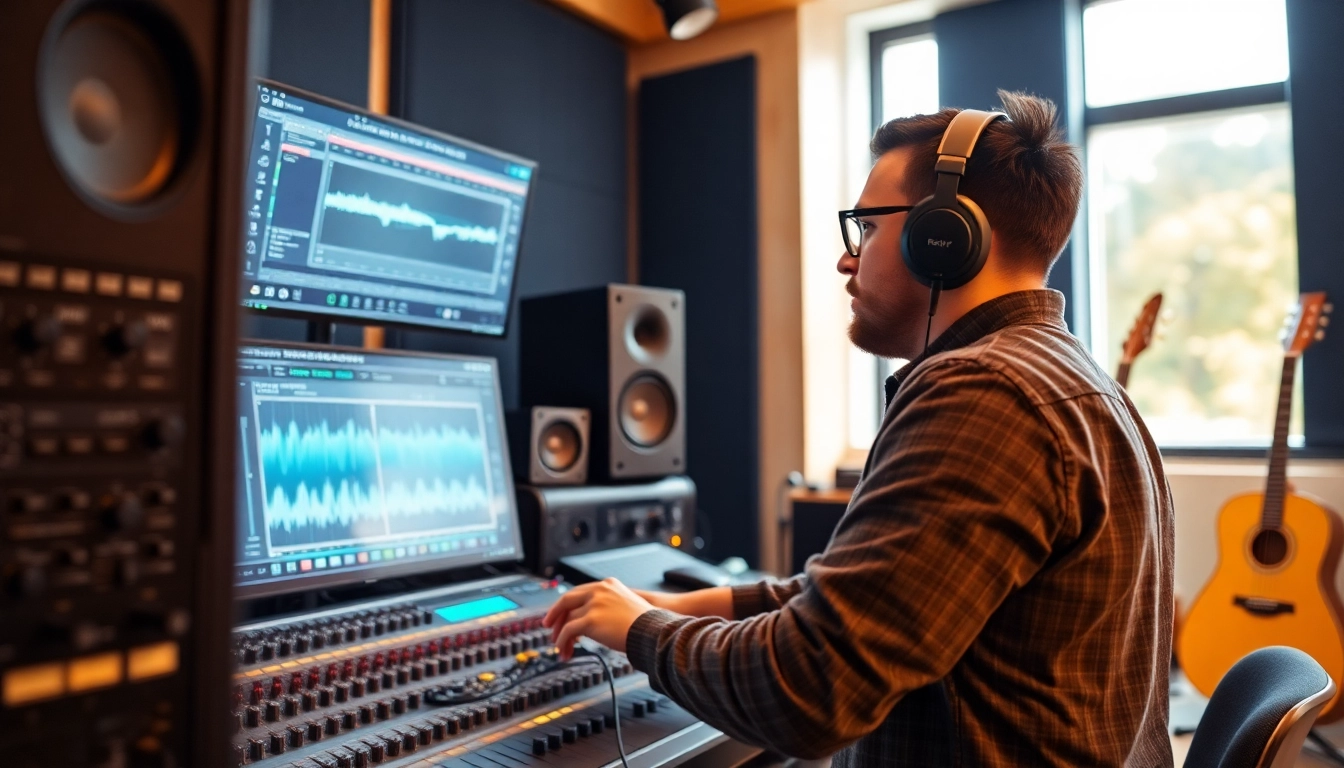 Master audio engineer performing online audio mastering in a vibrant studio setting.