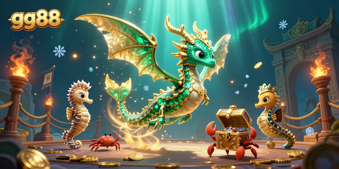 Engage with the vibrant gg88 underwater casino illustration showcasing a magical sea dragon and treasure.