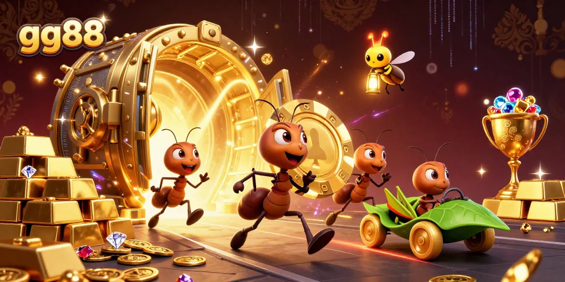 Engage with gg88 by witnessing 3D ants heisting a giant poker chip in a vibrant casino-themed illustration.