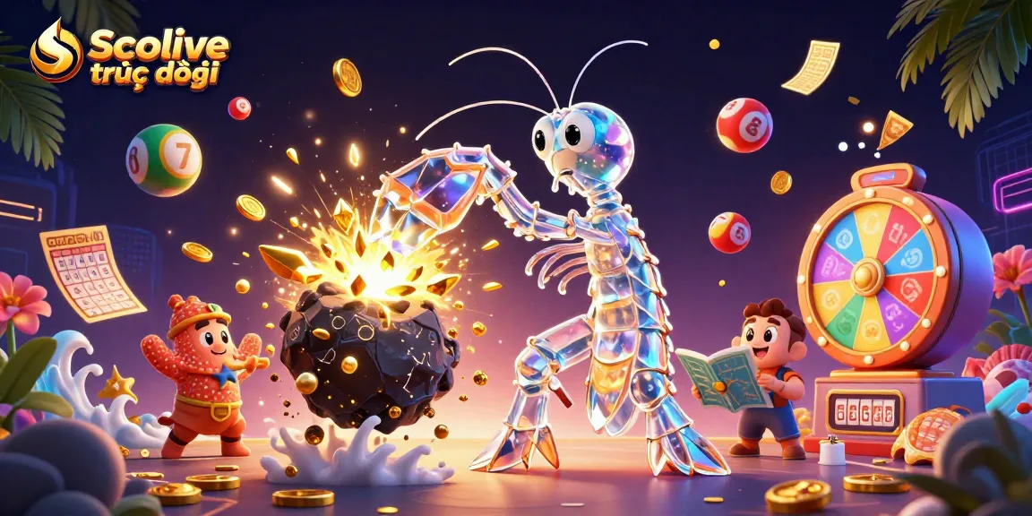 Socolive trực tiếp allows viewers to experience vibrant sports betting action, showcasing a galactic mantis shrimp amidst winning elements like gold coins and lively graphical features.