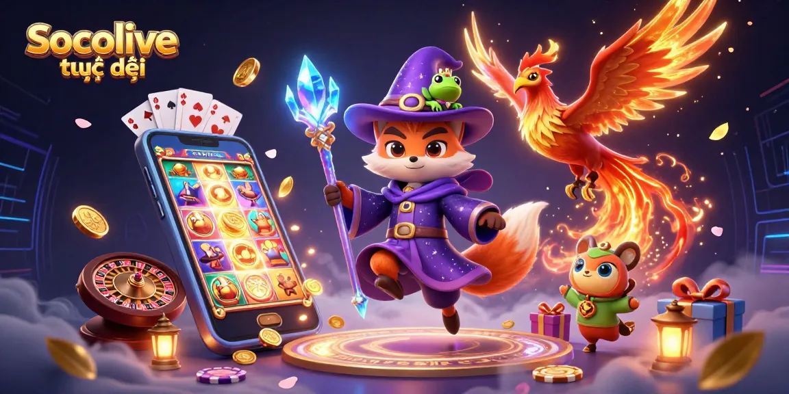 Socolive trực tiếp showcases vivid action in 3D, featuring a wizard, phoenix, and gaming elements.