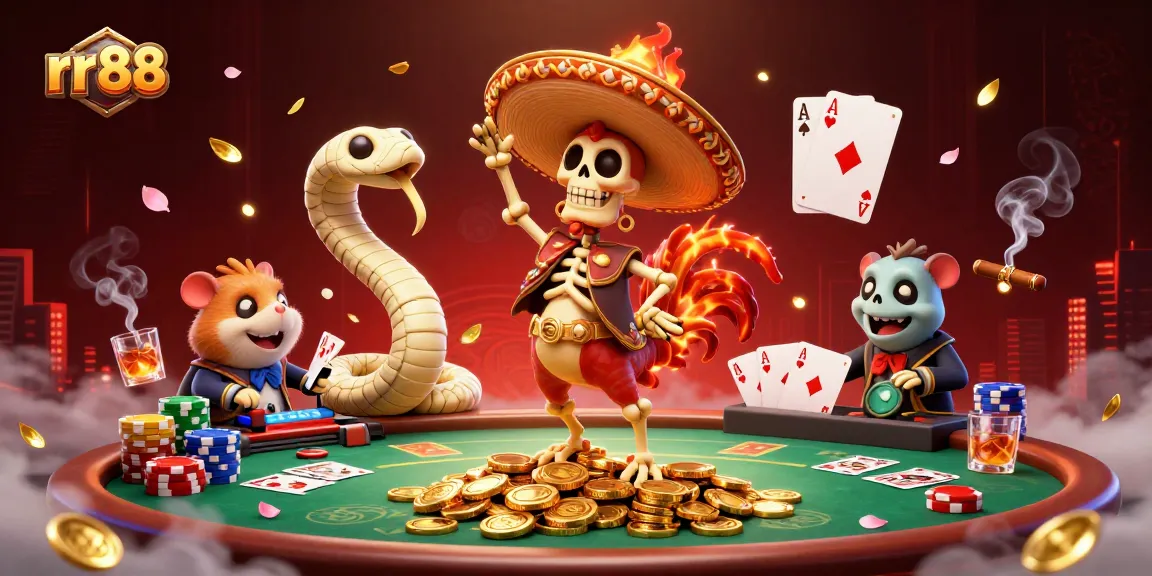 rr88 players celebrating wins surrounded by poker chips and cards in a festive casino scene