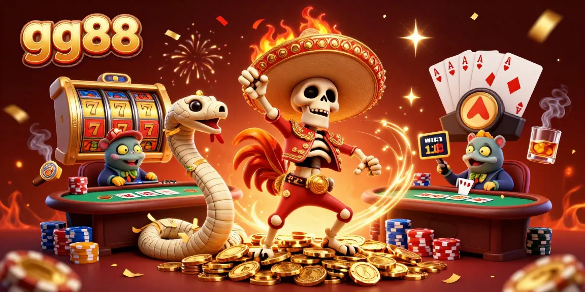 Experience the vibrant fun of gg88 with a celebratory 3D scene featuring a mariachi rooster and exciting slot elements.