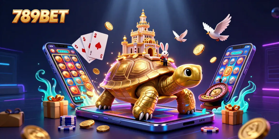 Experience excitement with 789BET, a vibrant casino scene showcasing golden tortoise, rabbit dealer, and dynamic slot action.