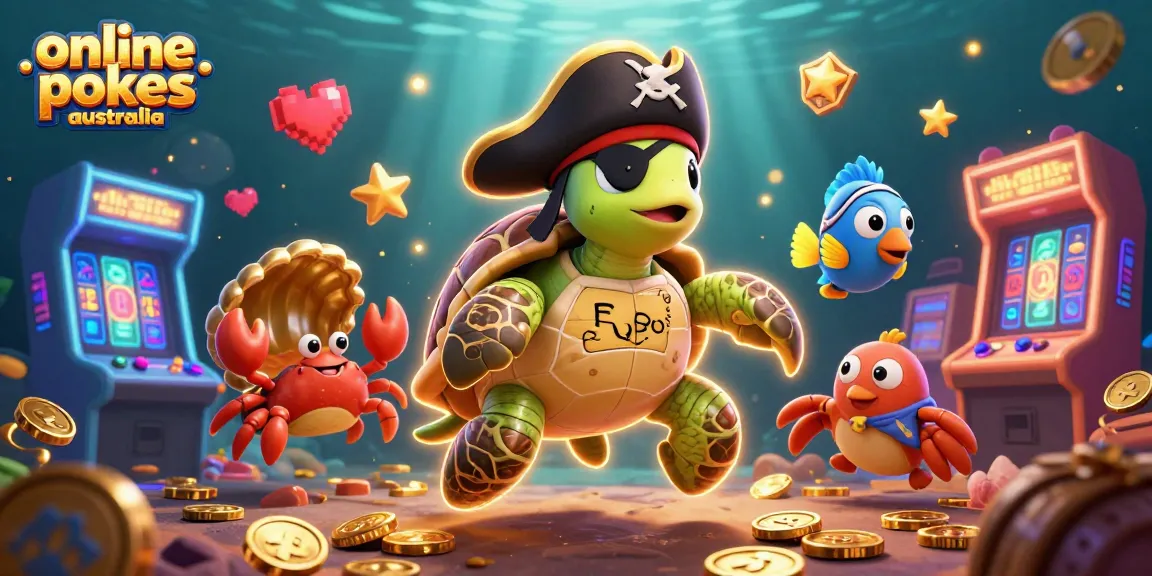 Experience vibrant online pokies Australia with a playful turtle pirate and colorful slot elements.