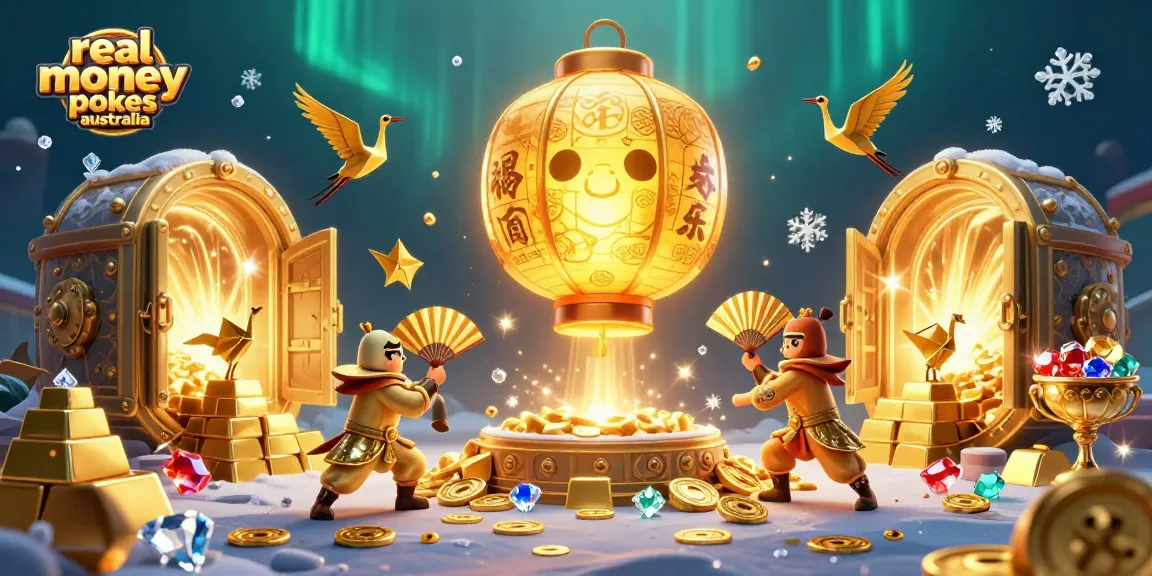 Play real money pokies Australia with vibrant and rich 3D casino illustration featuring golden symbols.