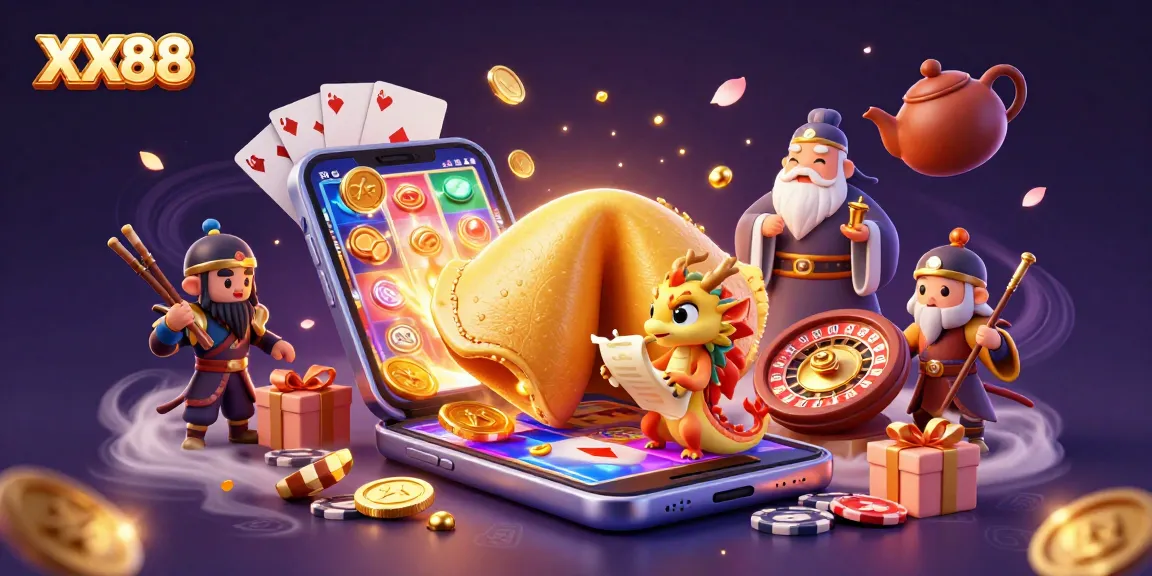 Experience the thrilling world of XX88 with an enchanted casino scene featuring a wise dragon, golden rewards, and captivating game elements.